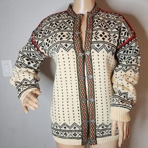 Wool Knit Cardigan Cream Black Red Fairisle Ingrid Grove Vail Colorado Est Sz M